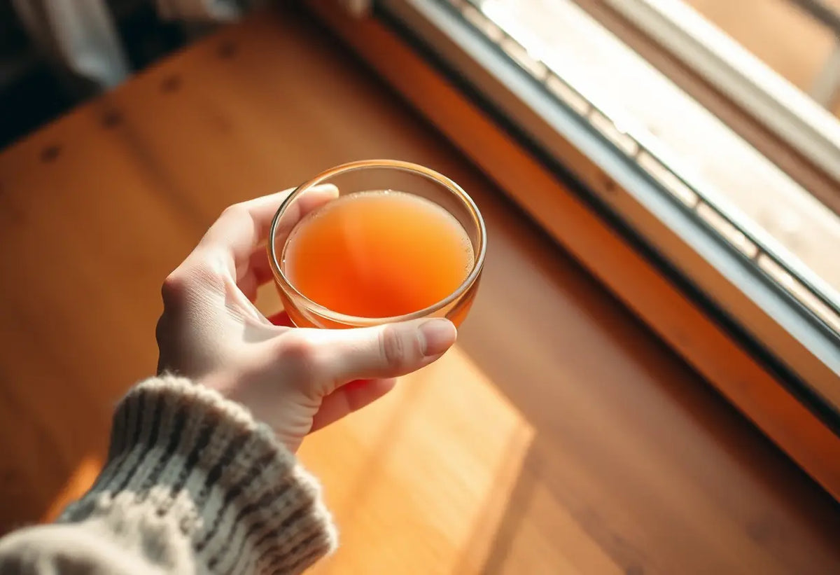 Une main féminine tenant une tasse de thé aux herbes, éclairée par la lumière du soleil qui filtre à travers une fenêtre.