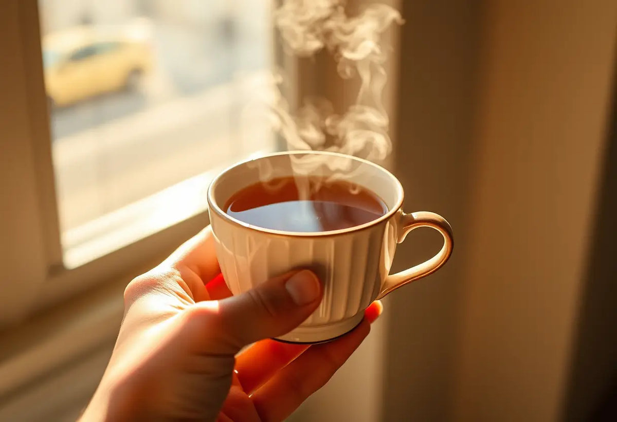 Une main tenant une tasse de thé chaud dans un rayon de soleil