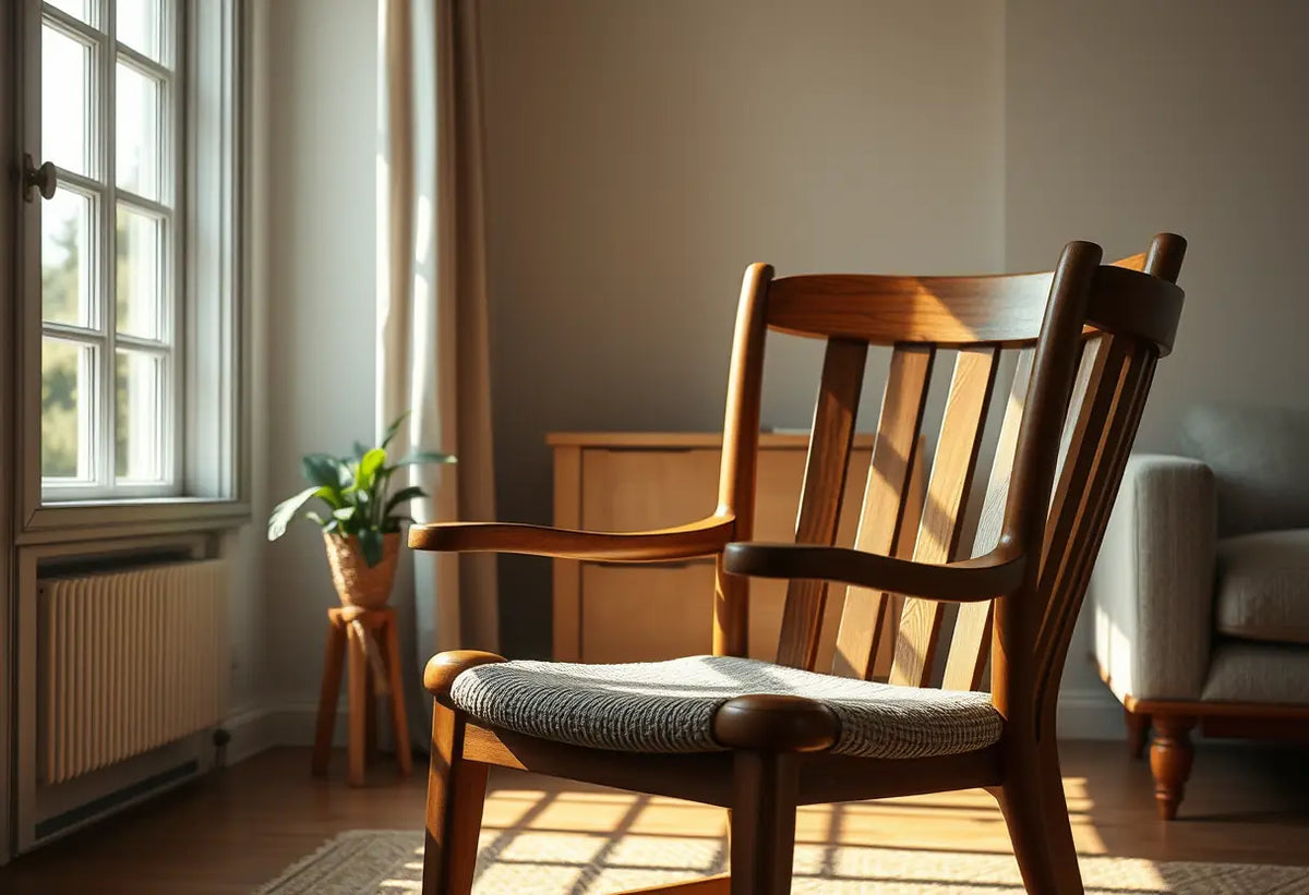 Fauteuil en bois dans un salon, lumière naturelle