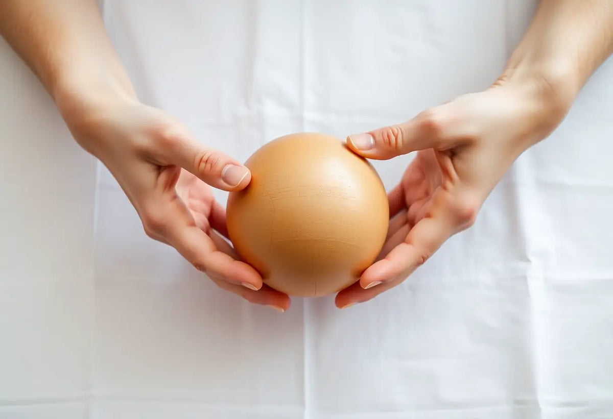Des mains tenant une boule de bois pour des exercices de plancher pelvien