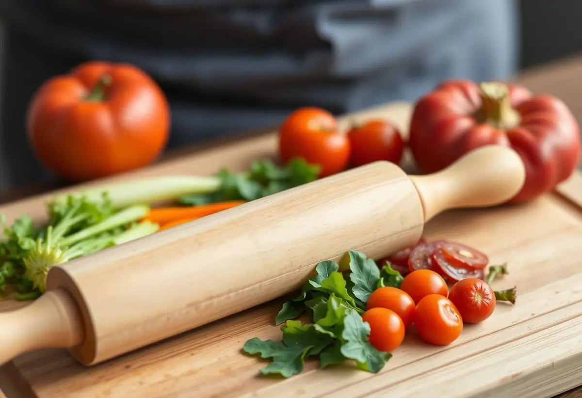Un rouleau à pâtisserie en bois posé sur un planche à découper pleine de légumes, symbolisant l'équilibre nécessaire dans la vie quotidienne pour soutenir les exercices de rééducation pelvienne.