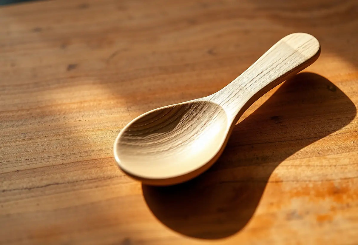 Cuillère en bois sur planche de bois, ombre naturelle