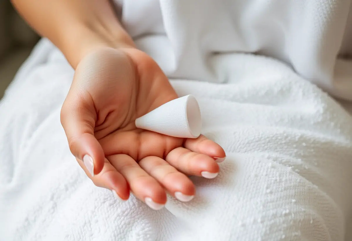 Une main féminine tenant un cône vaginal recouvert de tissu