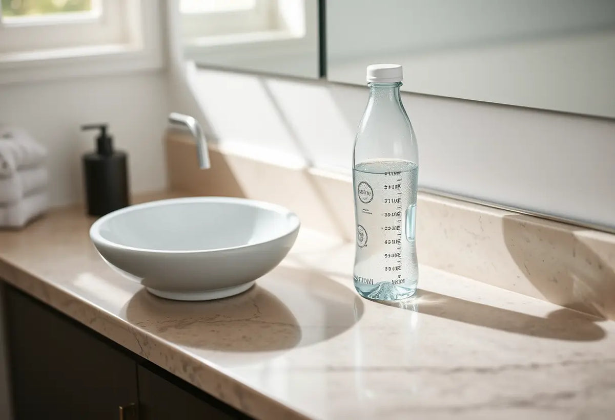 Évier de bain avec un petit bol et une bouteille d'eau, importance de l'hydratation pendant les exercices Kegel