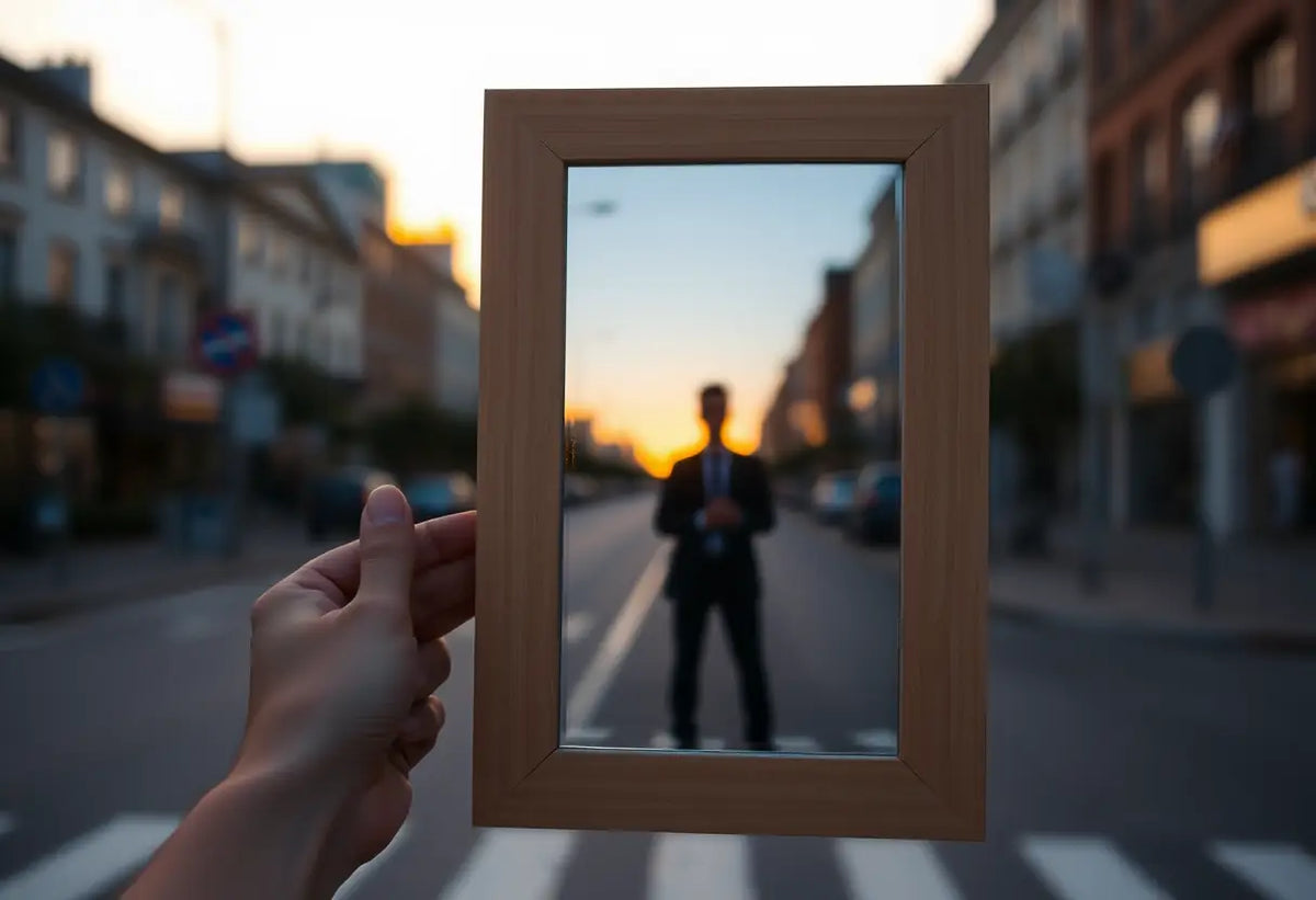 Miroir posé sur le rebord d'une fenêtre donnant sur une ville, symbolisant la prise de conscience