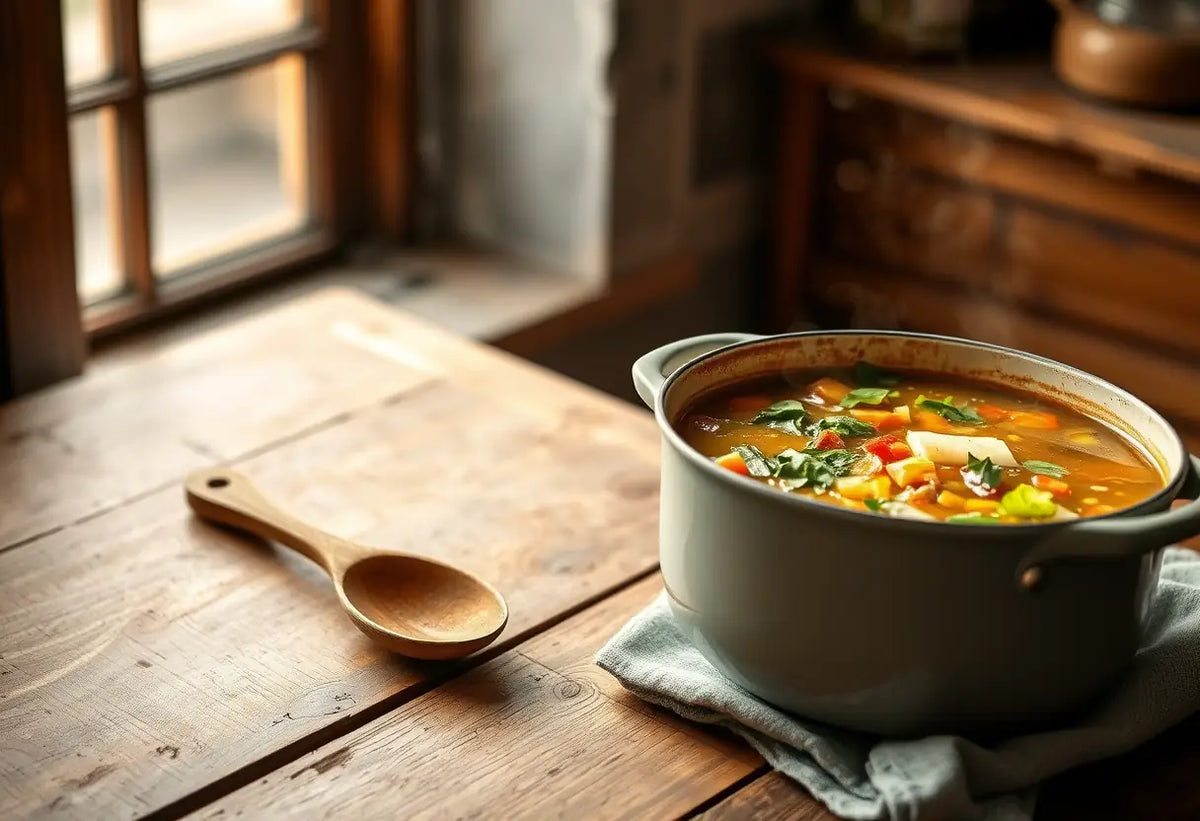 Une cuillère en bois posée près d'une marmite de soupe, illustrant la nécessité de bien se nourrir après l'accouchement.
