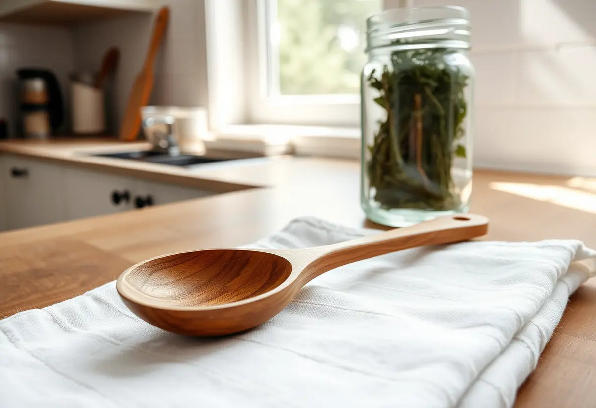 Cuillère en bois et herbes sèches