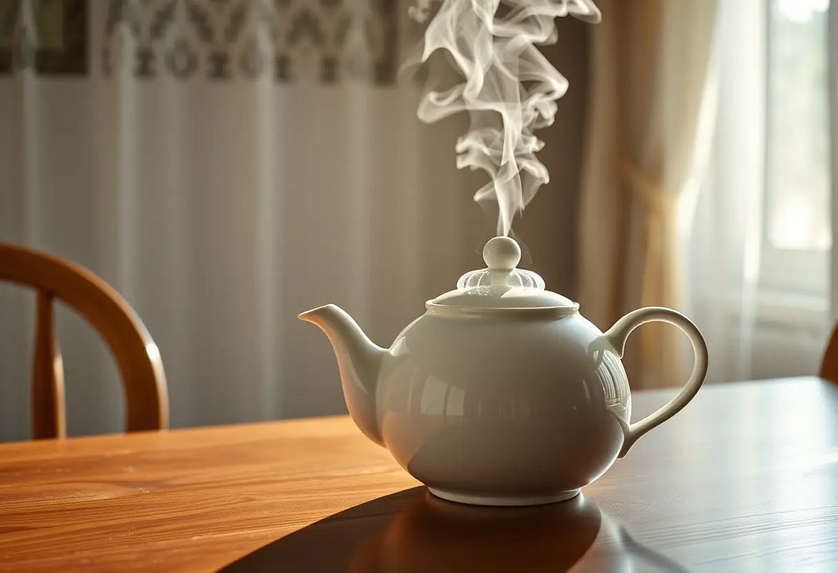 Une bouilloire en porcelaine blanche sur une table de cuisine au petit matin