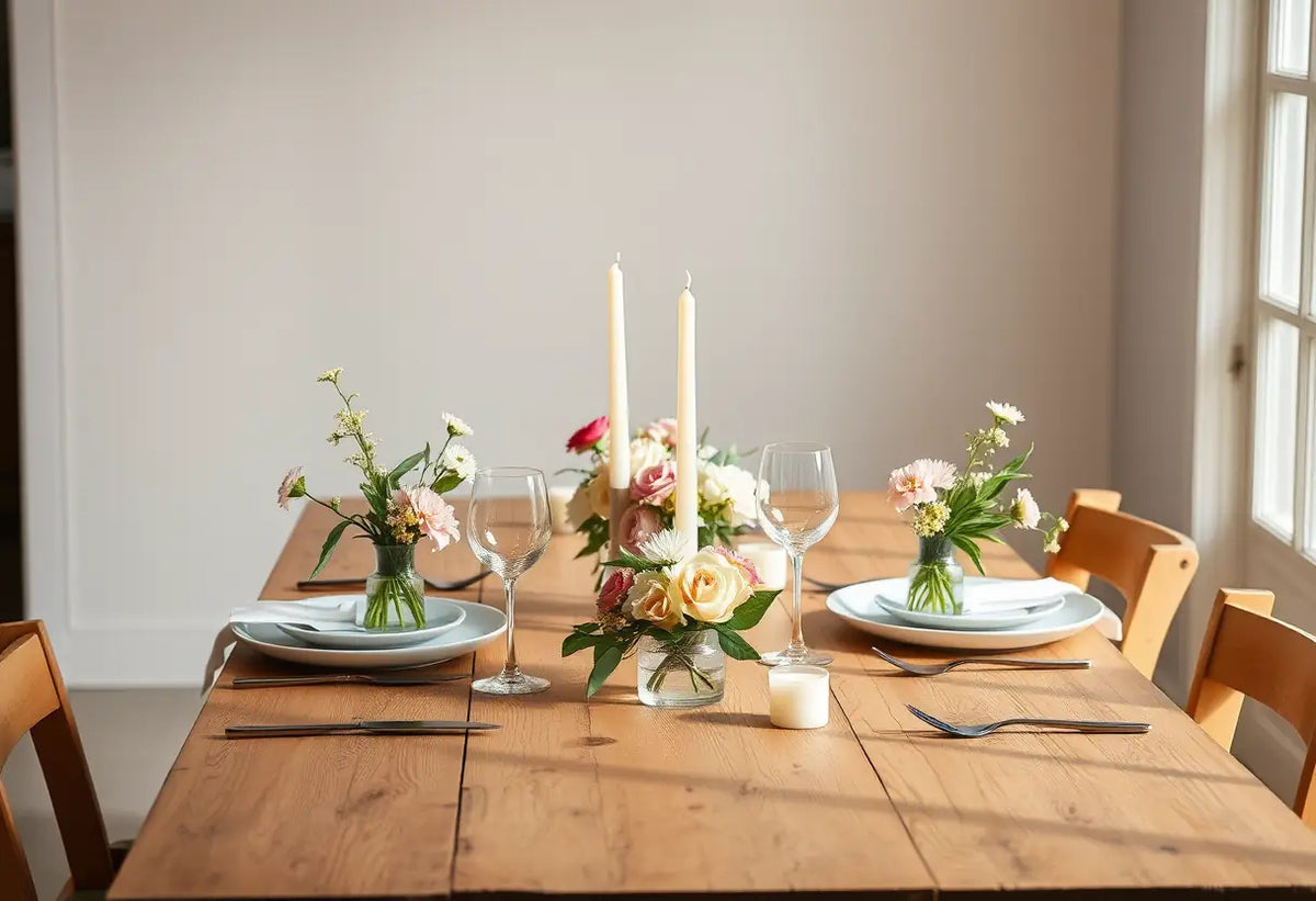 Un couvert romantique pour deux personnes avec des fleurs fraîches