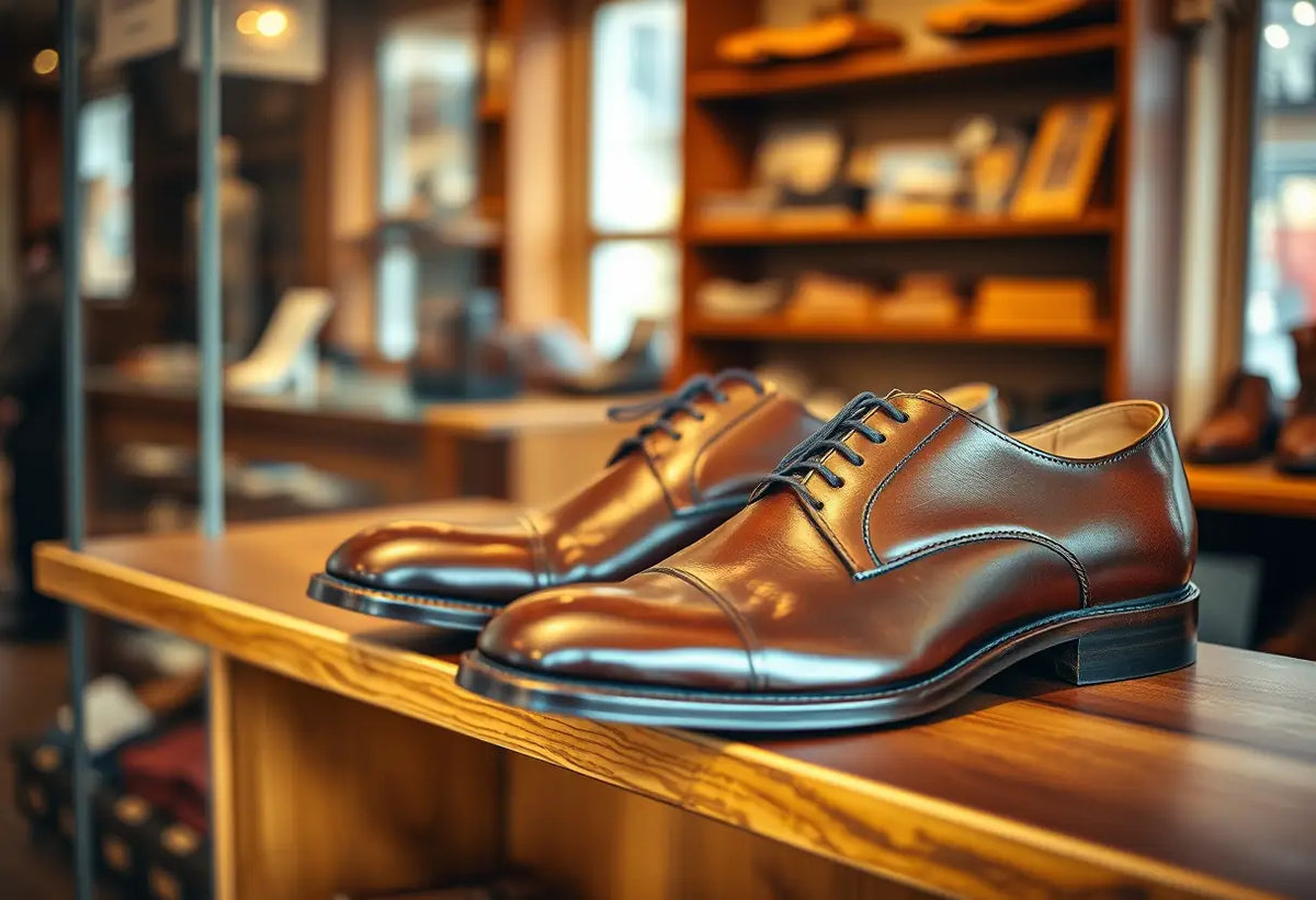 Une paire de chaussures en cuir polies sur un meuble de présentation