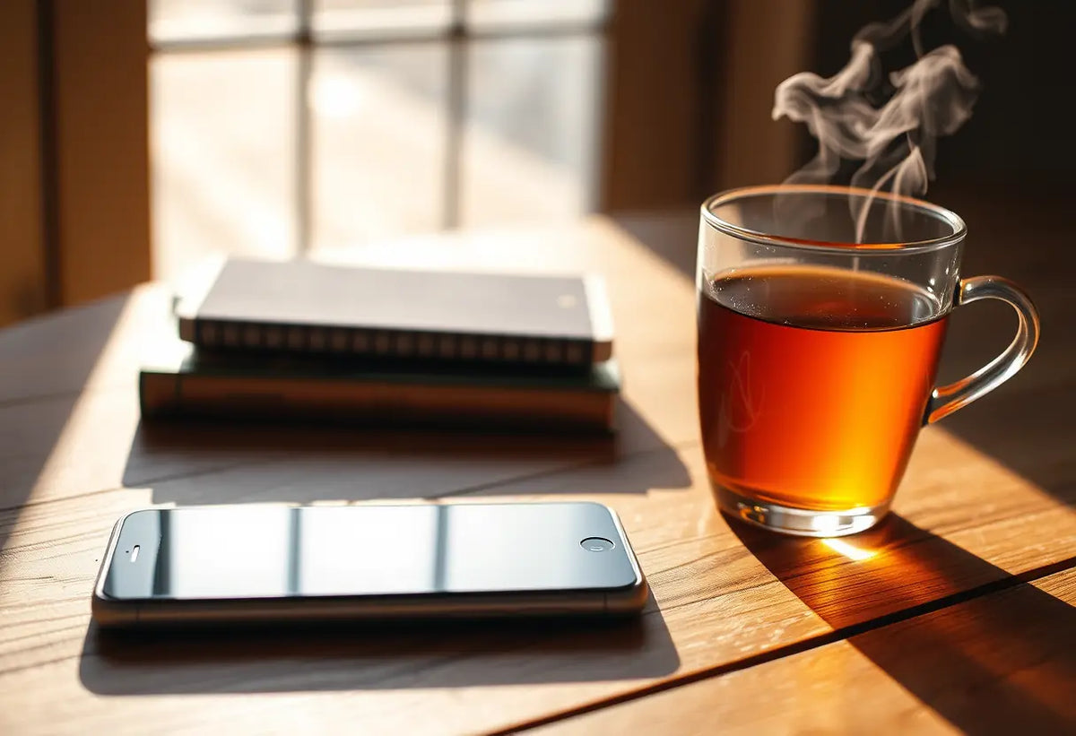 Un téléphone posé sur un bureau en bois à côté d'une tasse de thé