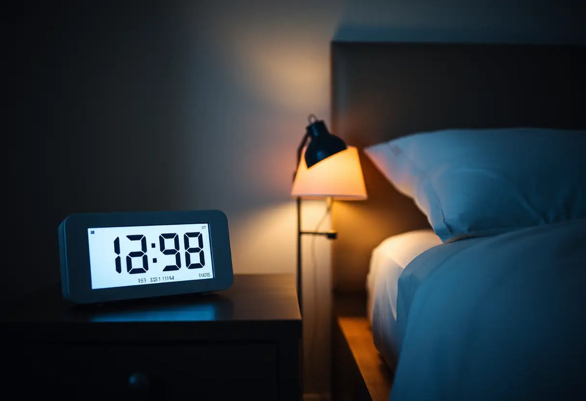 Horloge digitale sur une table de nuit éclairée par une veilleuse, dans une chambre sombre.