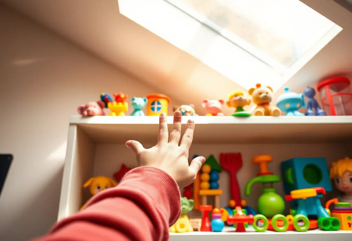 Une main arrangeant des jouets sur une étagère dans une pièce de jeu, la lumière du soleil passe par un puits de lumière