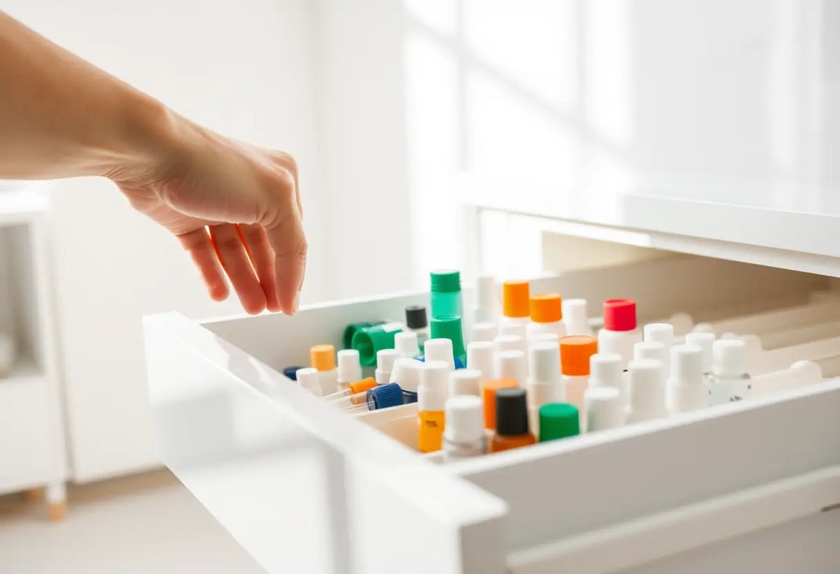 Une main ouvre un tiroir contenant différents tubes et bouteilles de lubrifiant intime