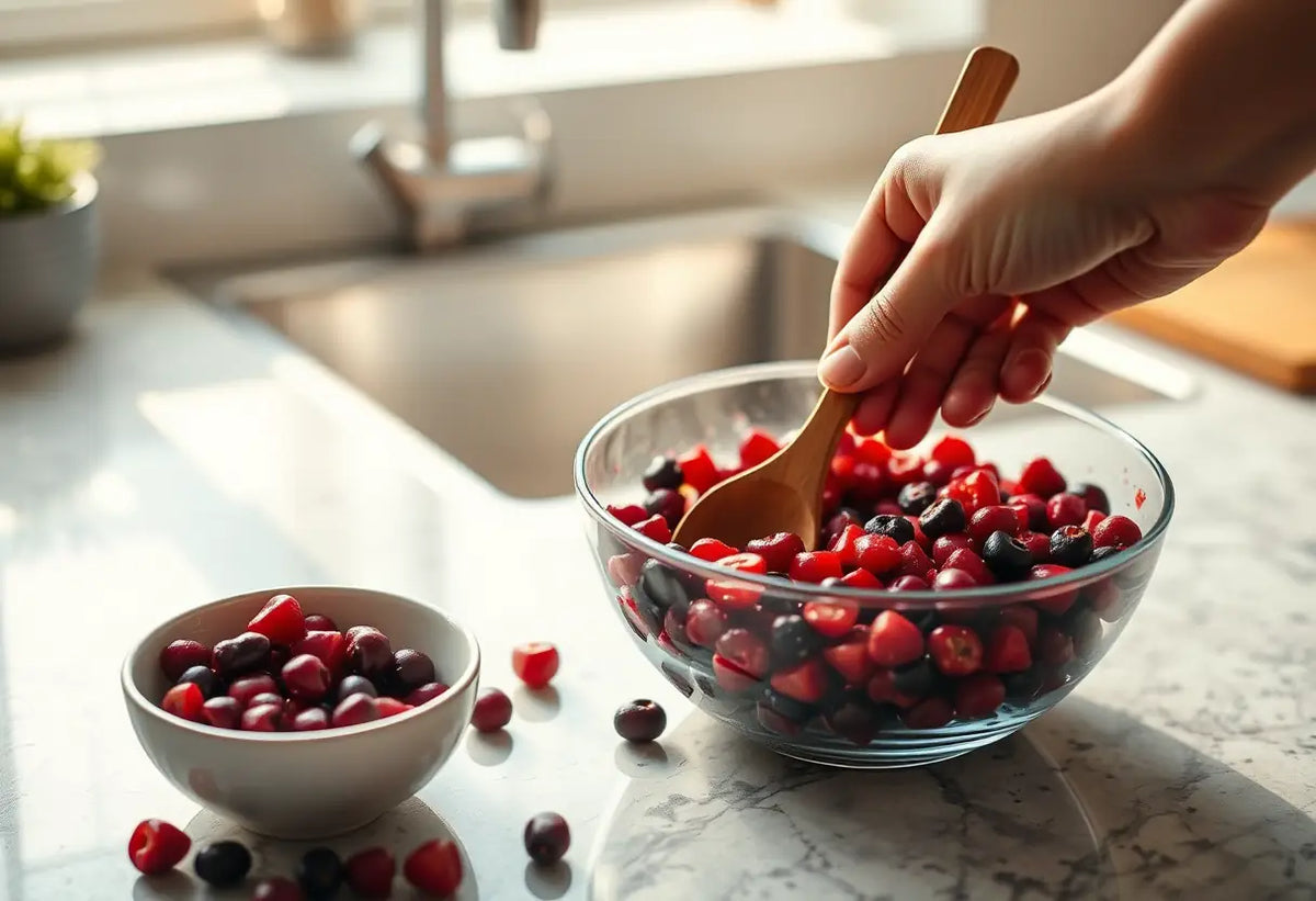 Main d'une personne qui prépare des baies rouges dans la cuisine