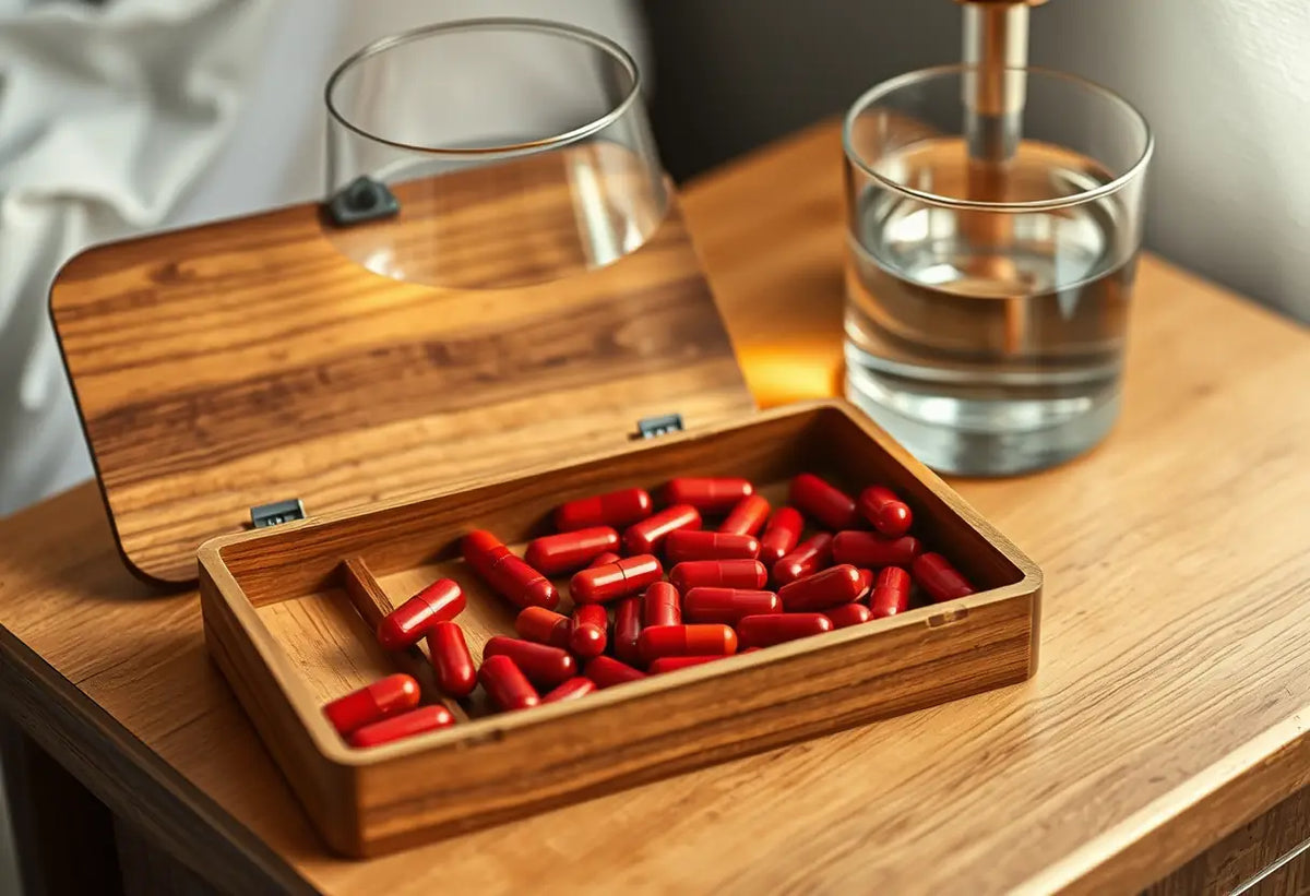 Boîte à médicaments contenant des capsules rouges