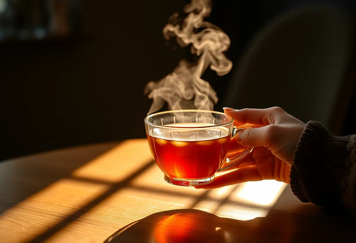 Une main tenant une tasse de thé herboristerie, avec la vapeur qui se dégage