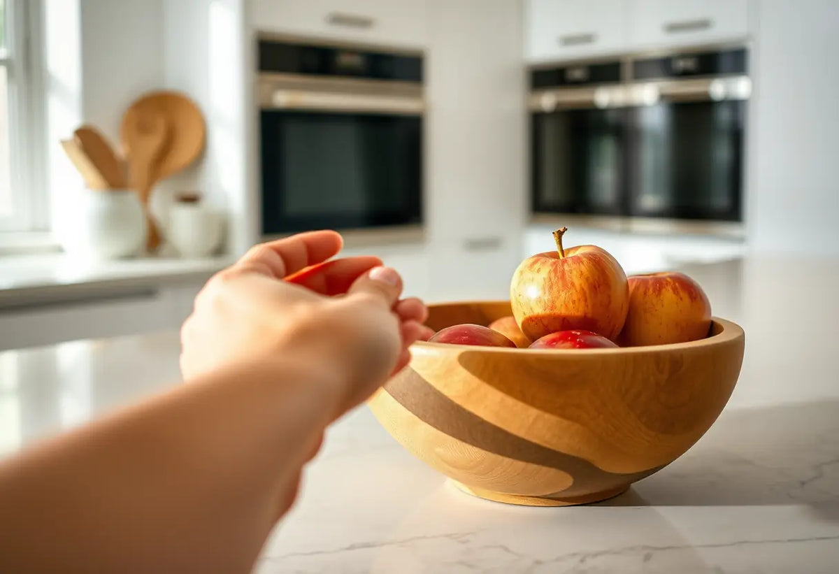 Une main pousse un pomme dans un bol de bois sur un comptoir de cuisine, lumière naturelle