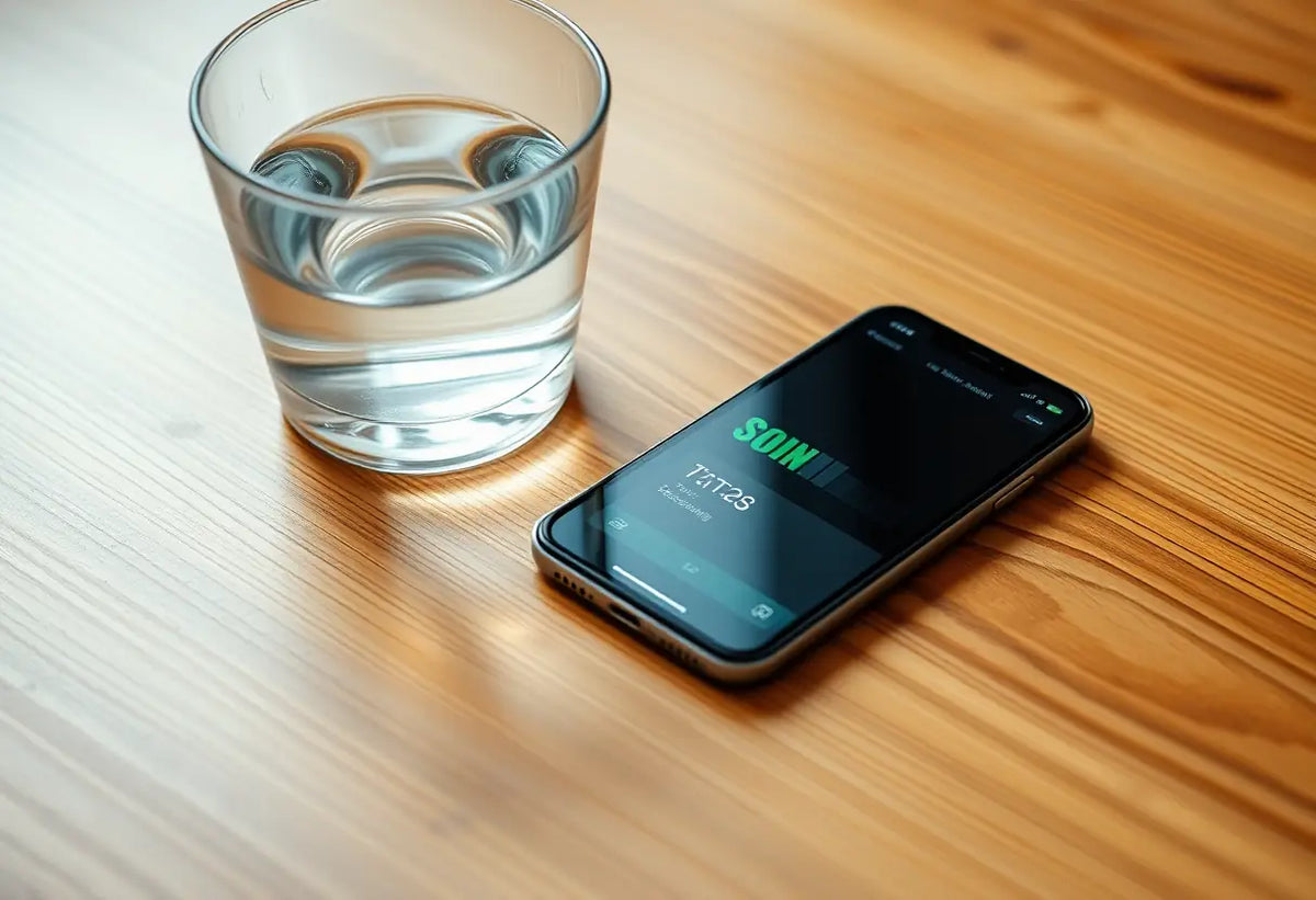Un bureau avec une tasse d'eau et un téléphone, symbolisant l'hydratation et le suivi des progrès