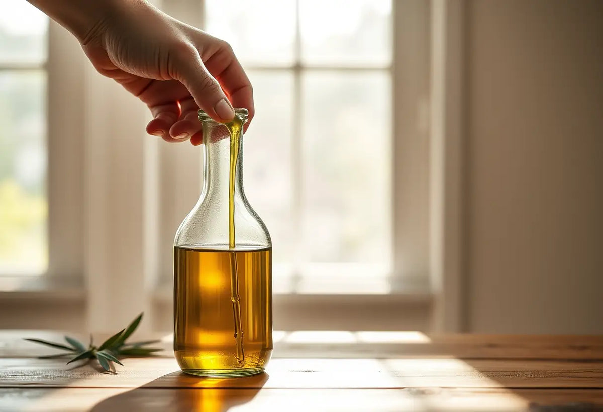 Une main verse de l'huile d'olive dans une bouteille de verre sur une table en bois