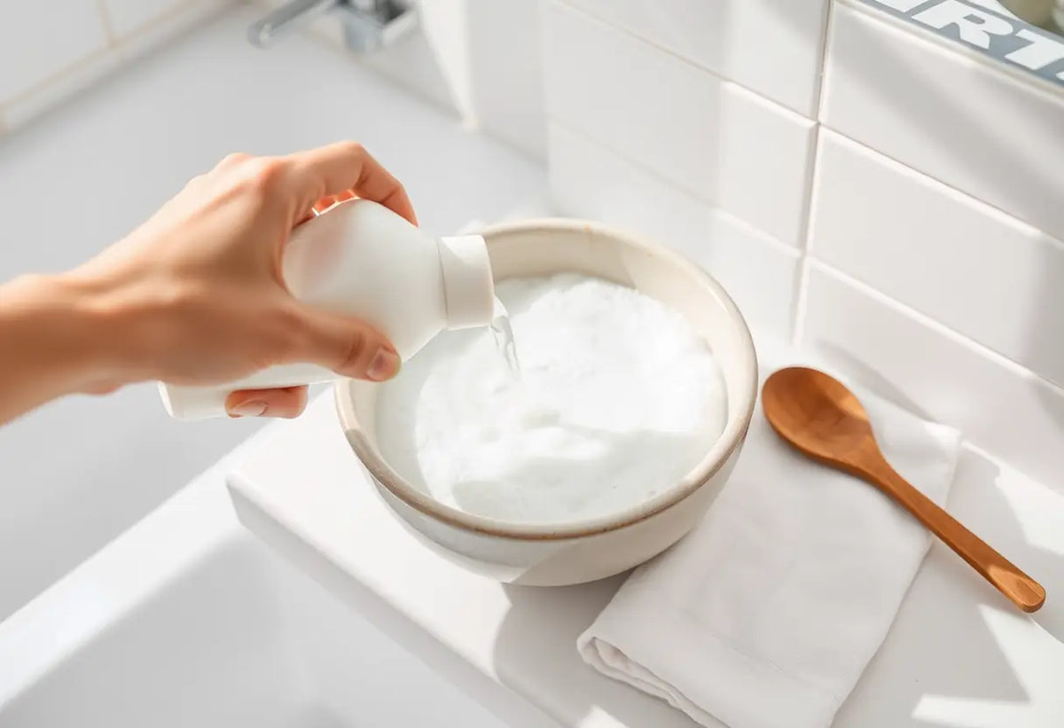 Une main verse un produit mousse dans un bol, sur un linge blanc, dans une salle de bain