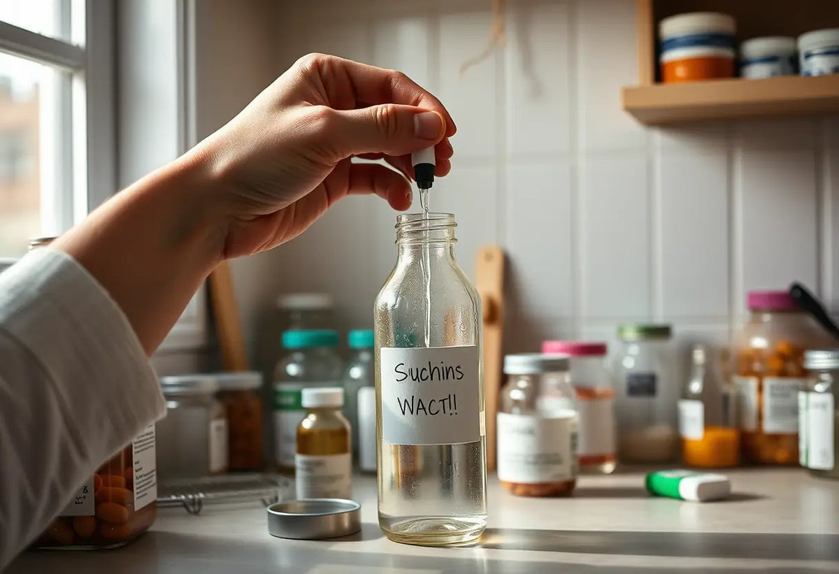 Une main verse un liquide dans une bouteille sur un plan de travail chargé de contenants, représentant la prise de médicaments pour traiter l'incontinence urinaire.