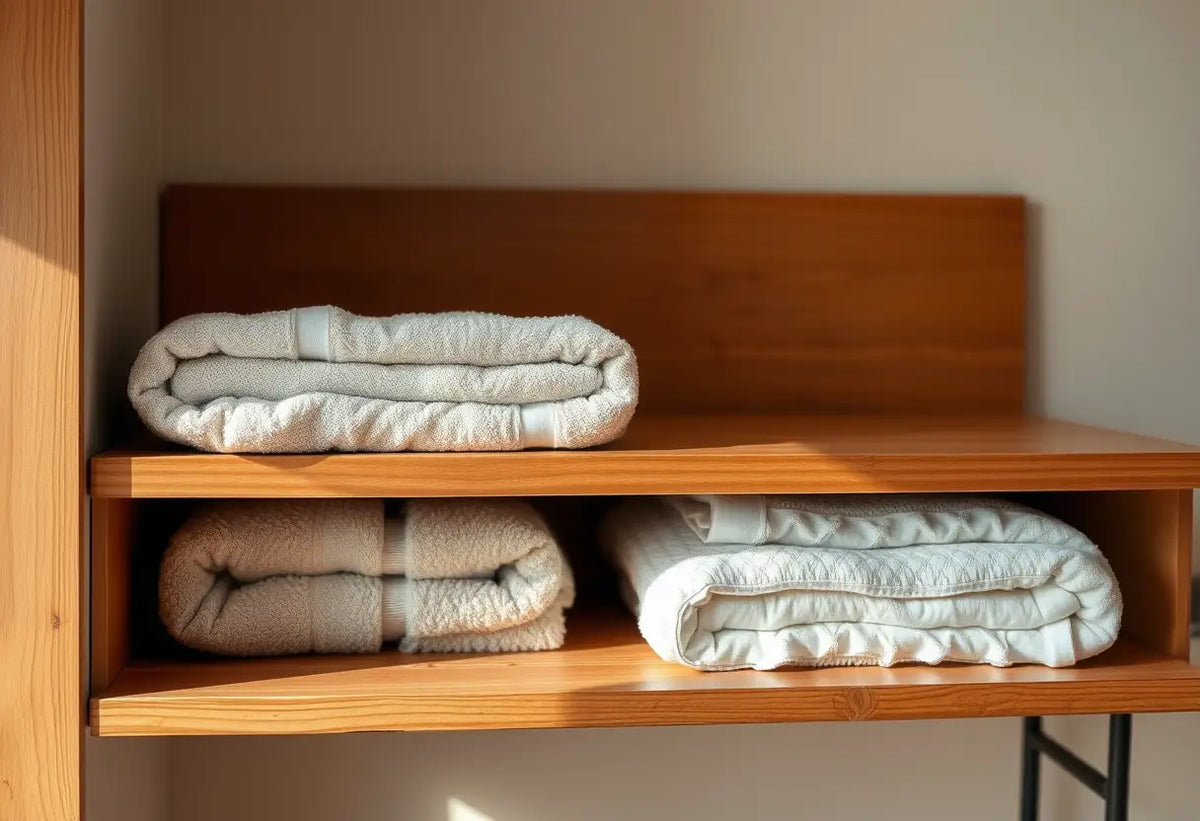 Un tas de serviettes propres posées sur une étagère dans une chambre confortable