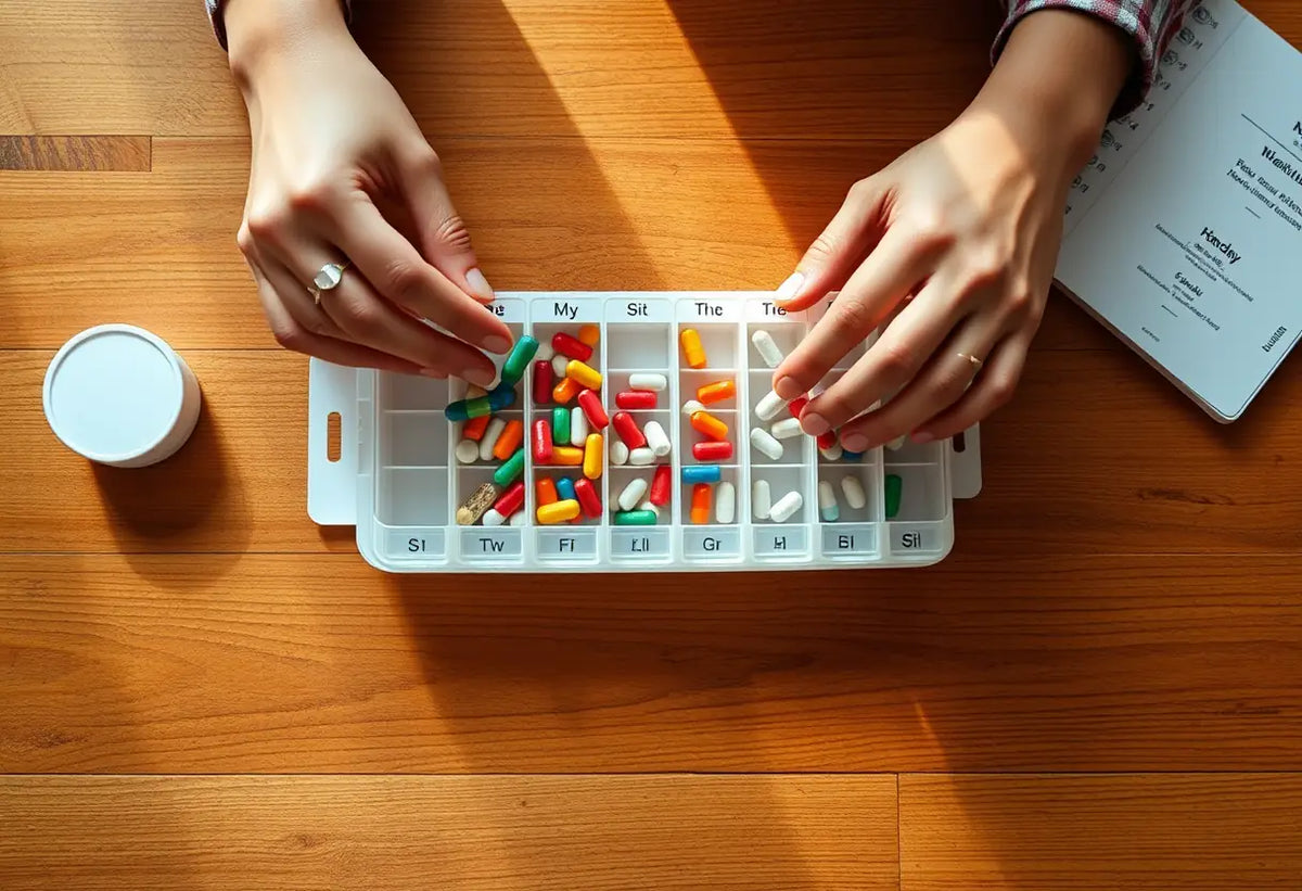 Des mains disposant des médicaments dans un organisateur hebdomadaire