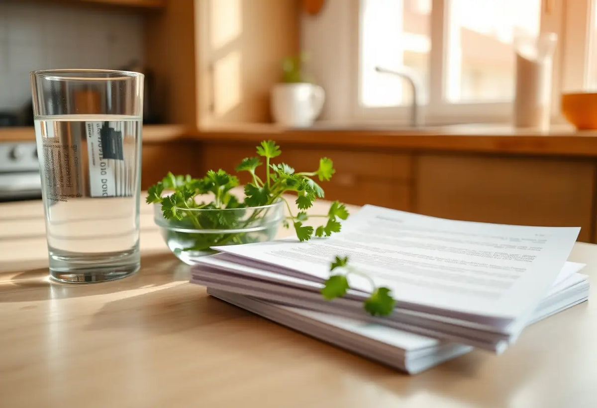 Verre d'eau et herbes fraîches sur une table pour soulager l'incontinence urinaire