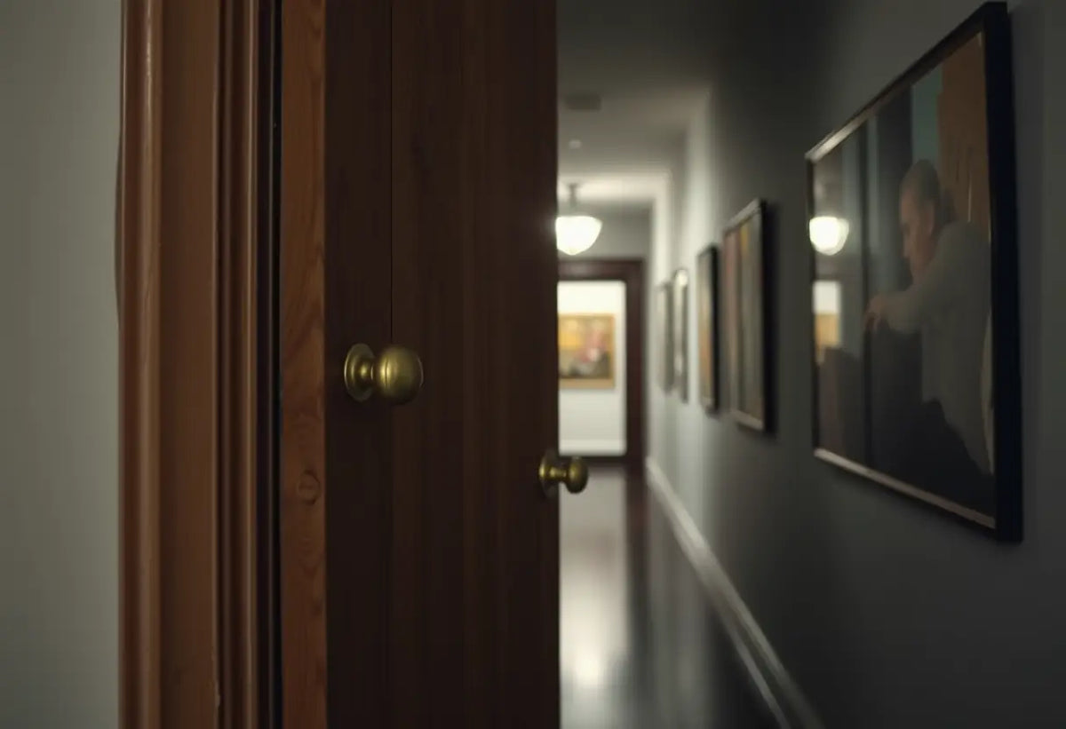 Une porte en bois avec poignée en laiton, partiellement ouverte révélant un couloir sombre aux murs ornés de peintures abstraites