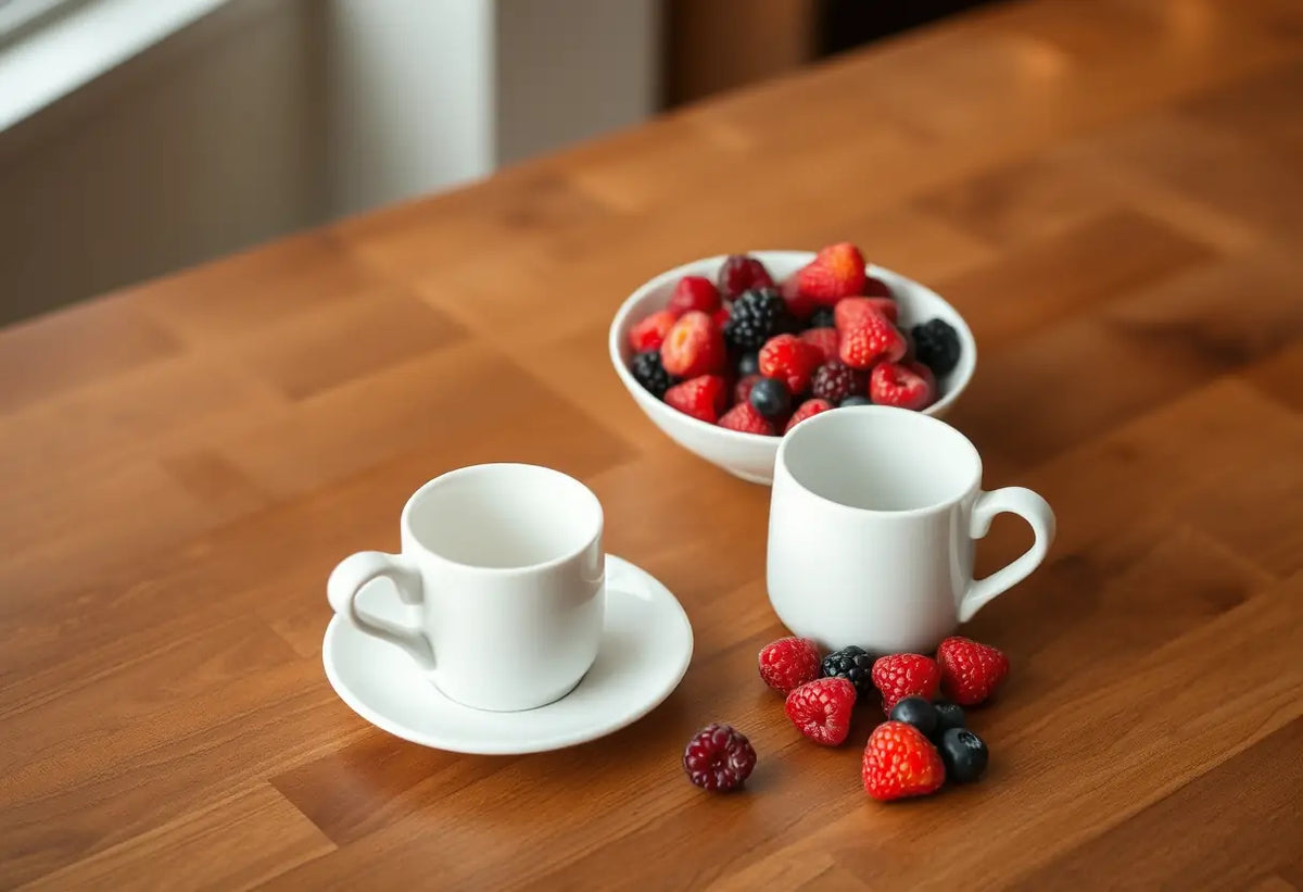 Un couvert sur une table en bois composé d'un bol de baies et d'une tasse