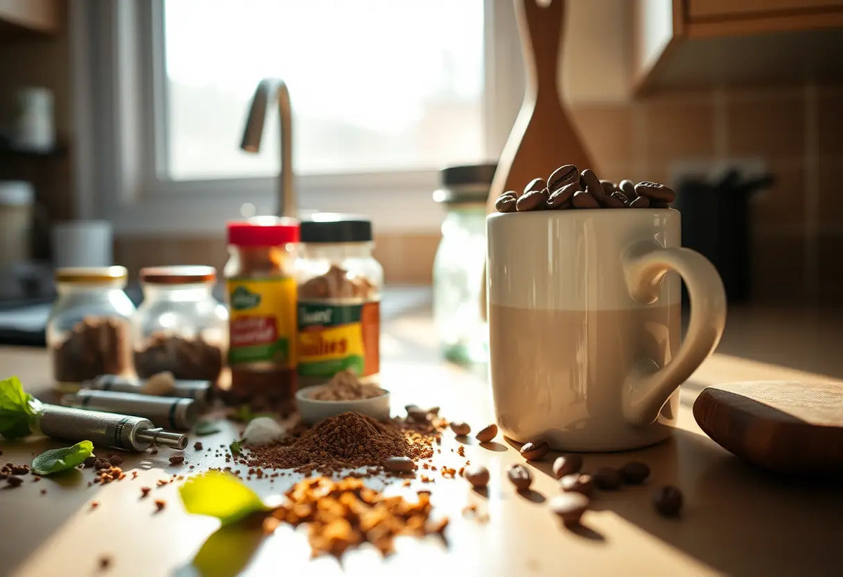 Épices et café sur un comptoir de cuisine au petit matin