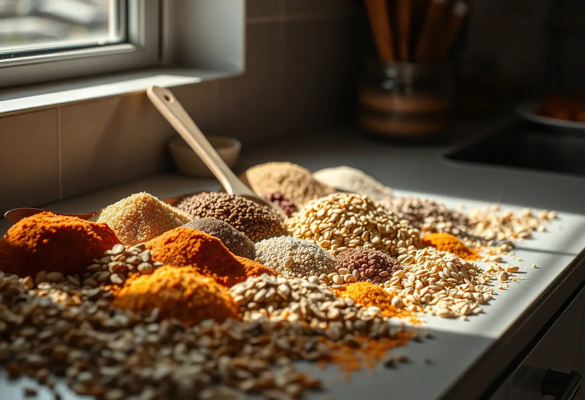 Épices et grains sur un comptoir de cuisine