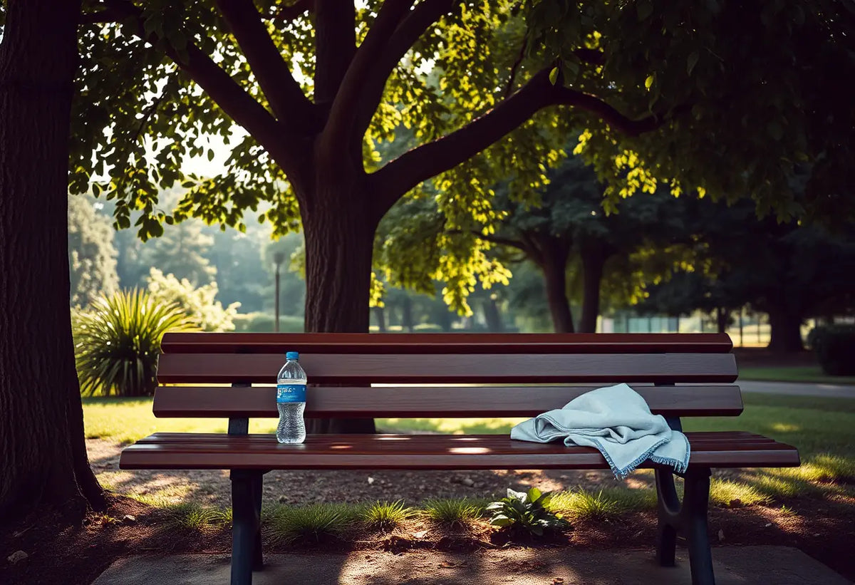 Banc en bois dans un parc avec une bouteille d'eau et un gant de toilette