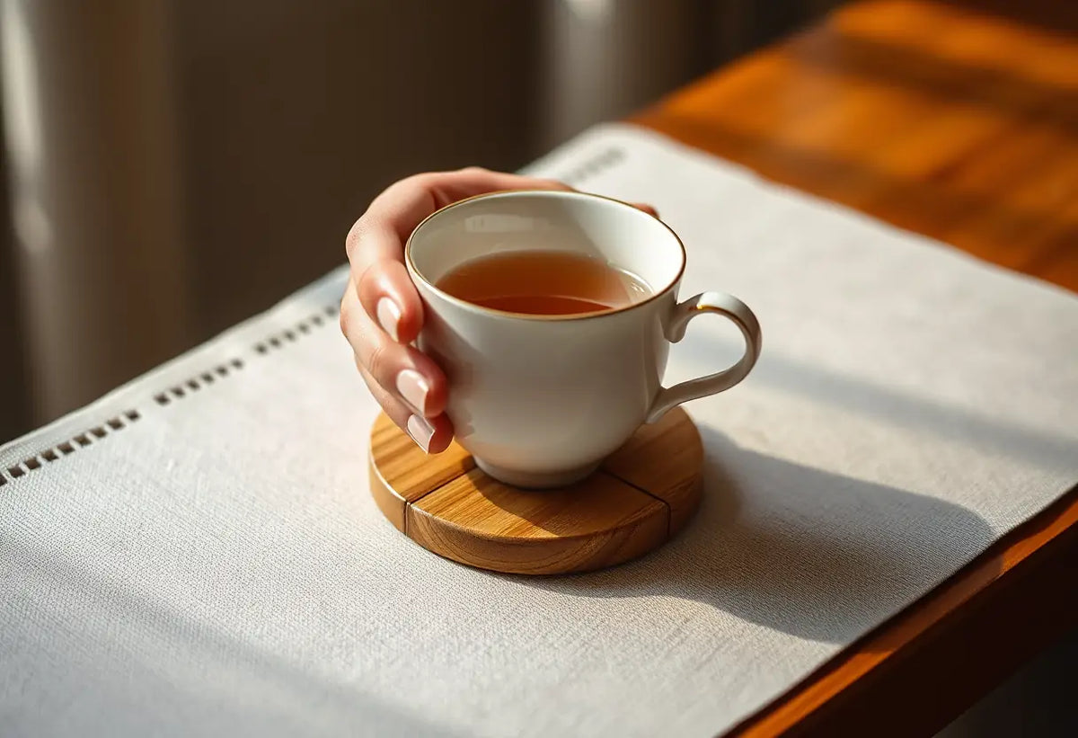 Main tenant une tasse de thé sur un petit plateau, représentant la réflexion et la discussion calme