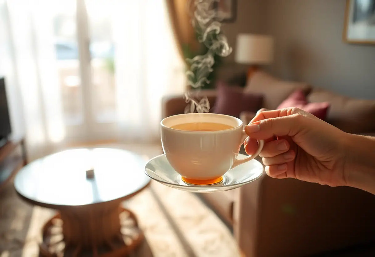 Une main tenant une tasse de thé dans un salon accueillant, lumière naturelle apportant chaleur et confort