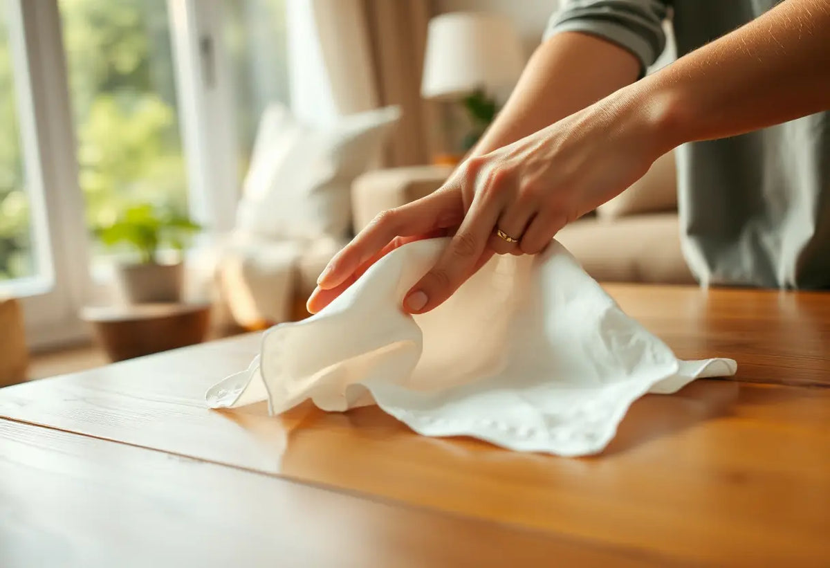 Des mains pliant délicatement un mouchoir blanc sur une table en bois dans un salon accueillant