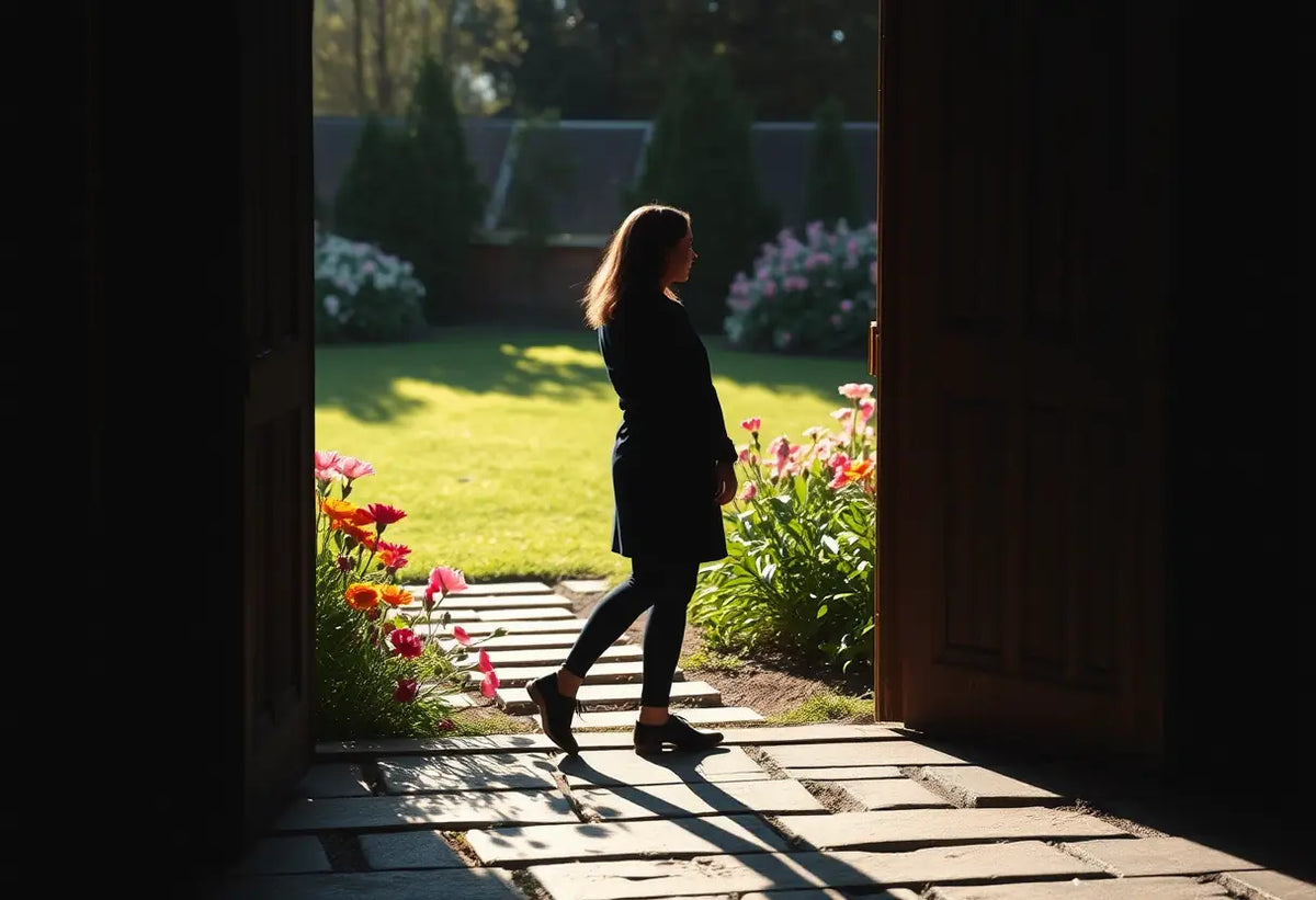 Une silhouette se tient dans un couloir en regardant un jardin fleuri sous la lumière du matin