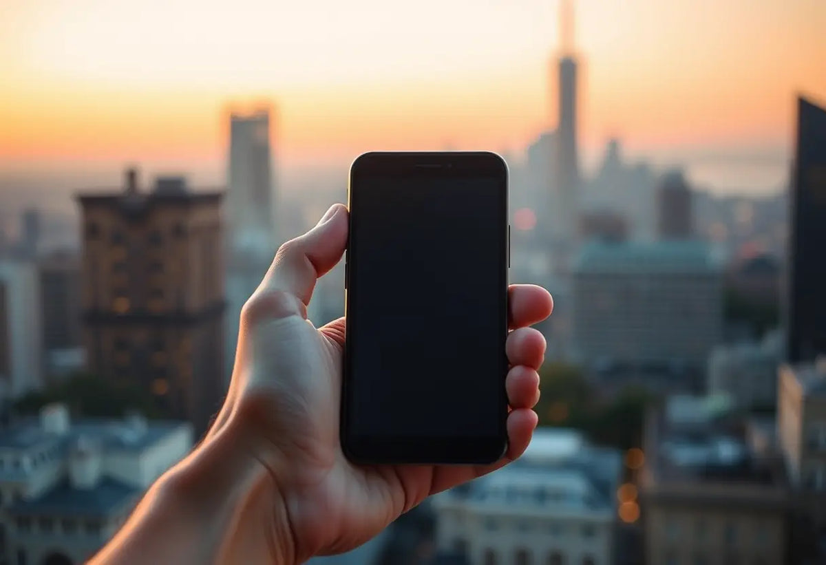 Une main tenant un téléphone rectangulaire avec en arrière-plan une ville au crépuscule, illustrant l'attente dans les jeux de séduction par SMS