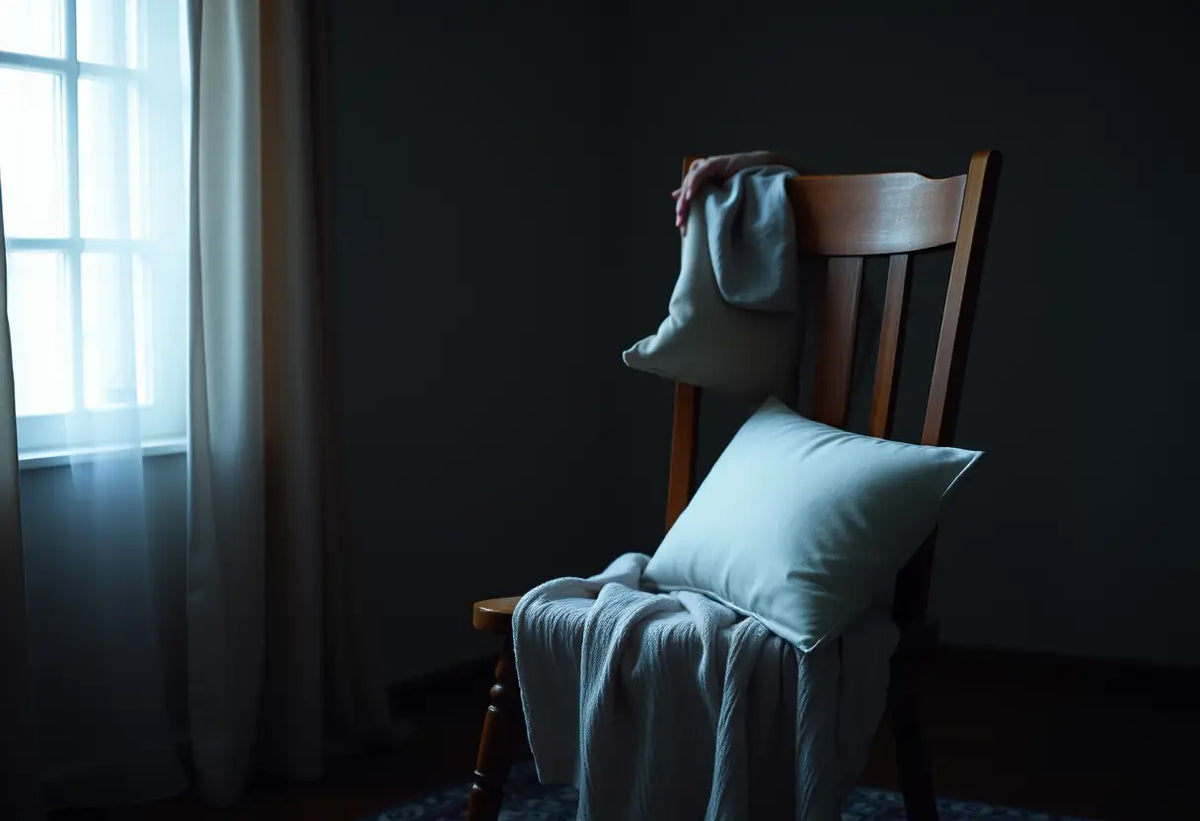 Un fauteuil recouvert d'une couverture dans une chambre éclairée naturellement, avec une main posant un oreiller