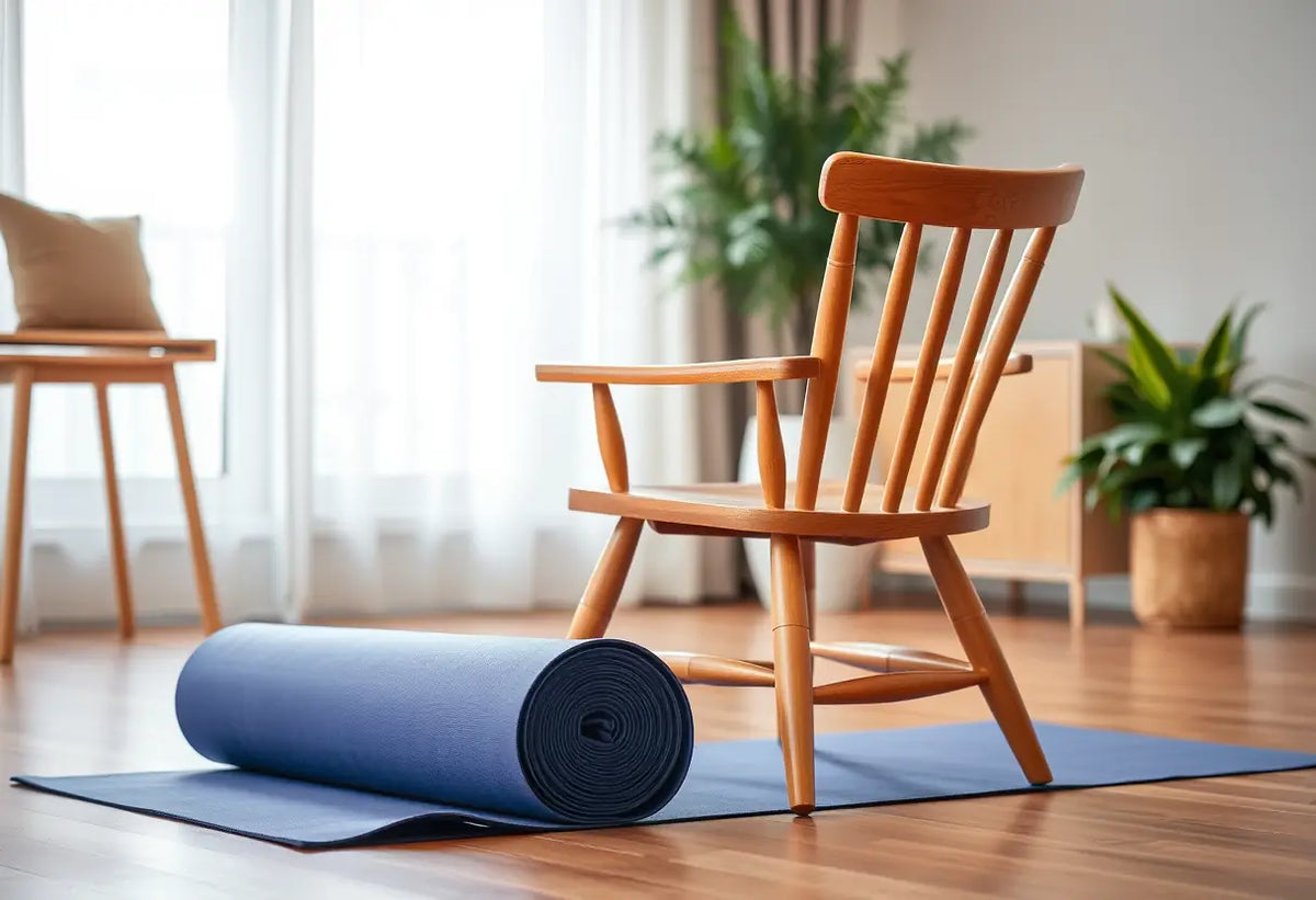 Un fauteuil en bois dans un salon, avec un tapis de yoga roulé à côté, illustrant le repos et les routines d'exercice