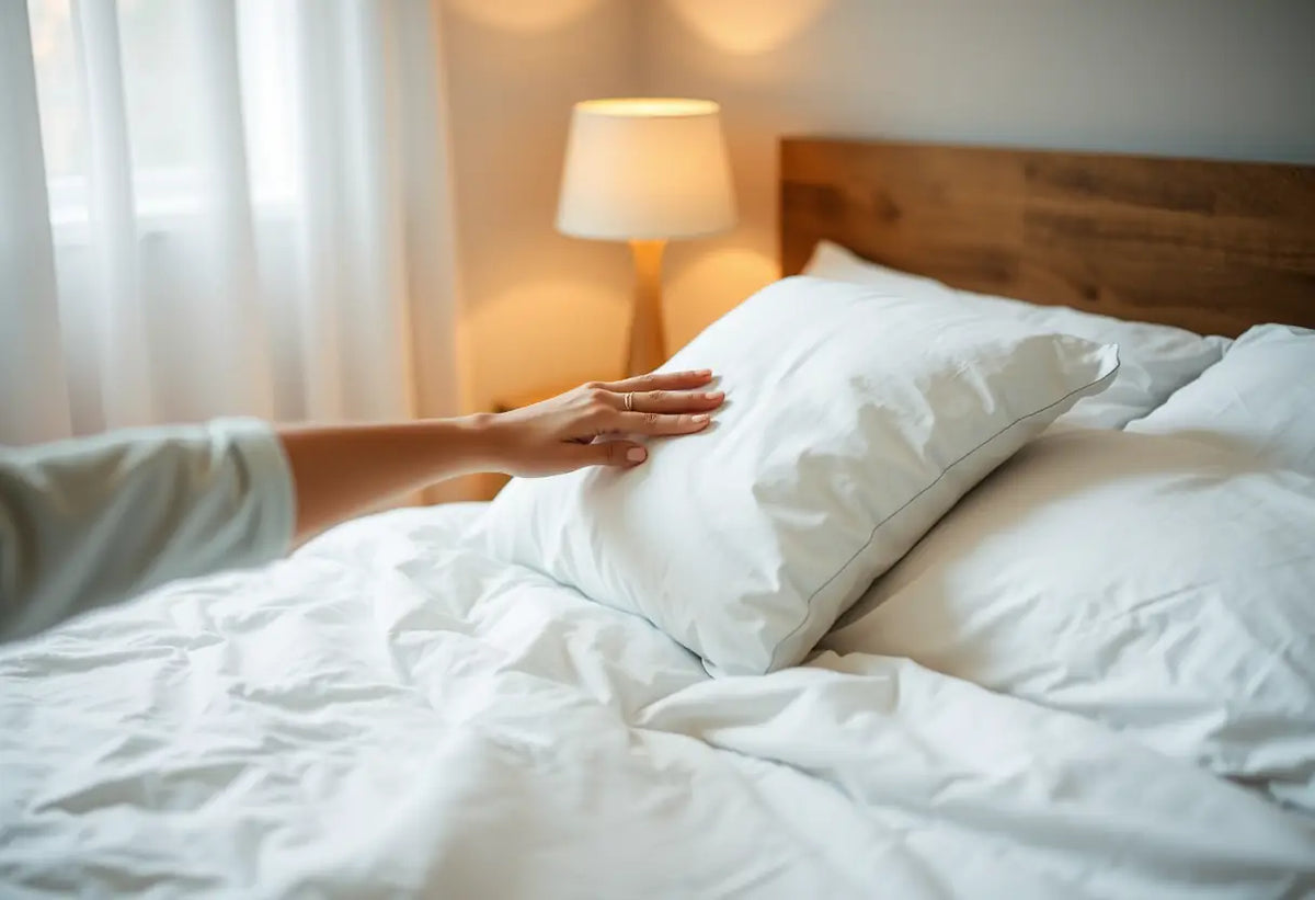 Une main ajustant un oreiller de coton sur un lit aux draps blancs