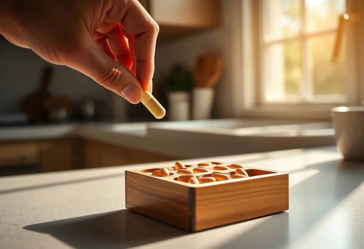 Une main verse une capsule dans une boîte à médicaments en bois sur un comptoir de cuisine, la lumière du matin éclaire la simplicité de la tâche, complément pour la femme