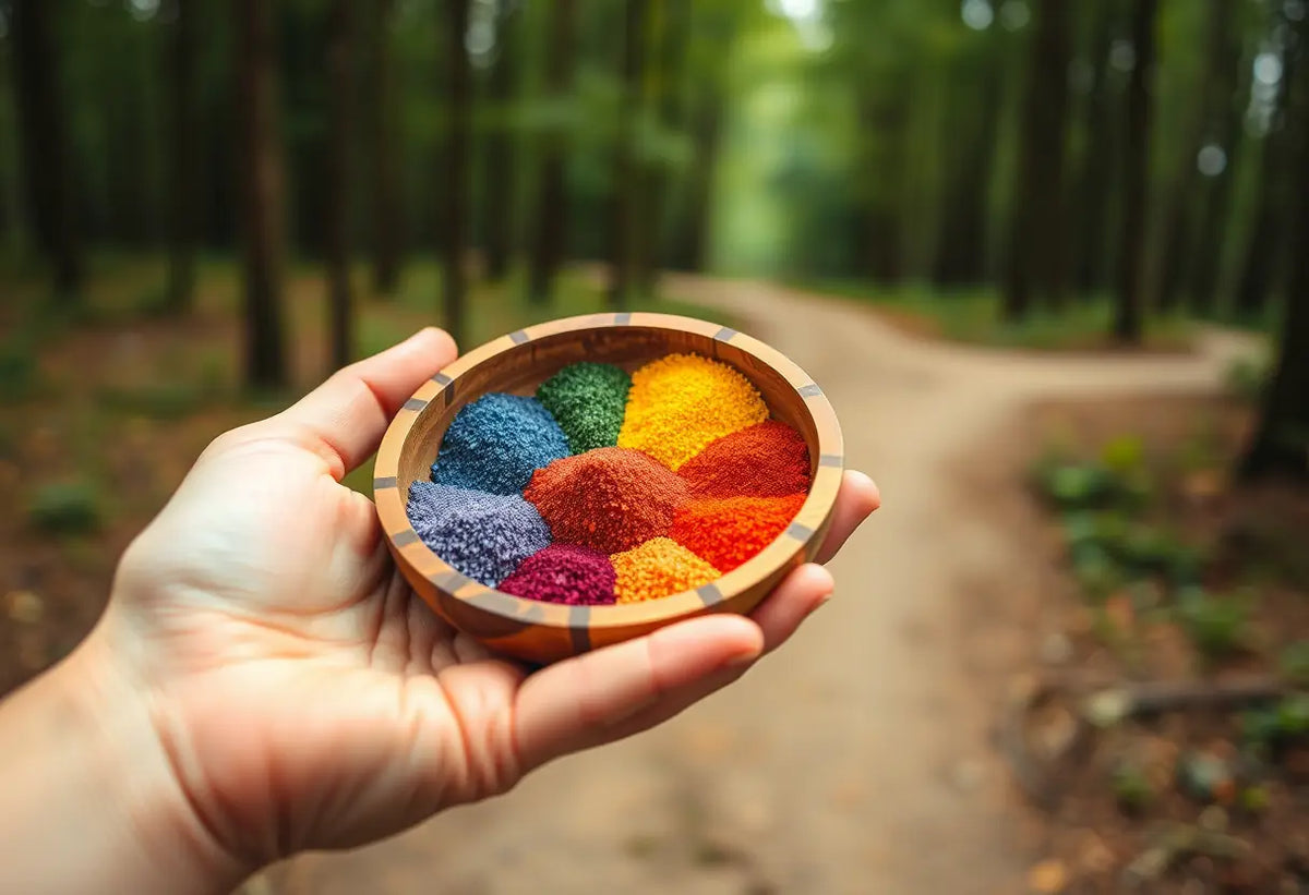 Un bol en bois contenant des grains colorés symbolisant les sept chakras