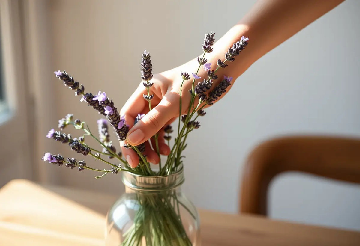 une main déposant une branche de lavande dans un vase, pour l'article sur la séduction silencieuse