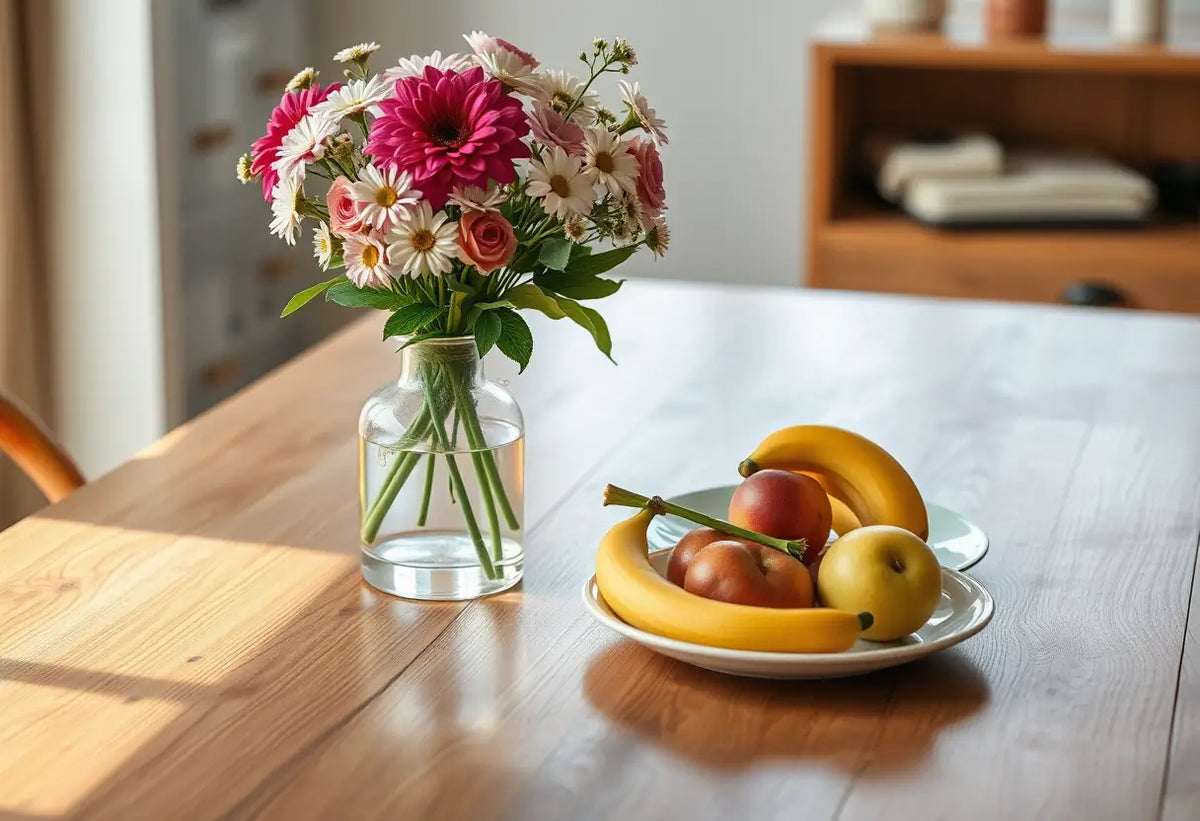 Une table avec des fleurs et des fruits symbolisant l'harmonie dans la communication non violente