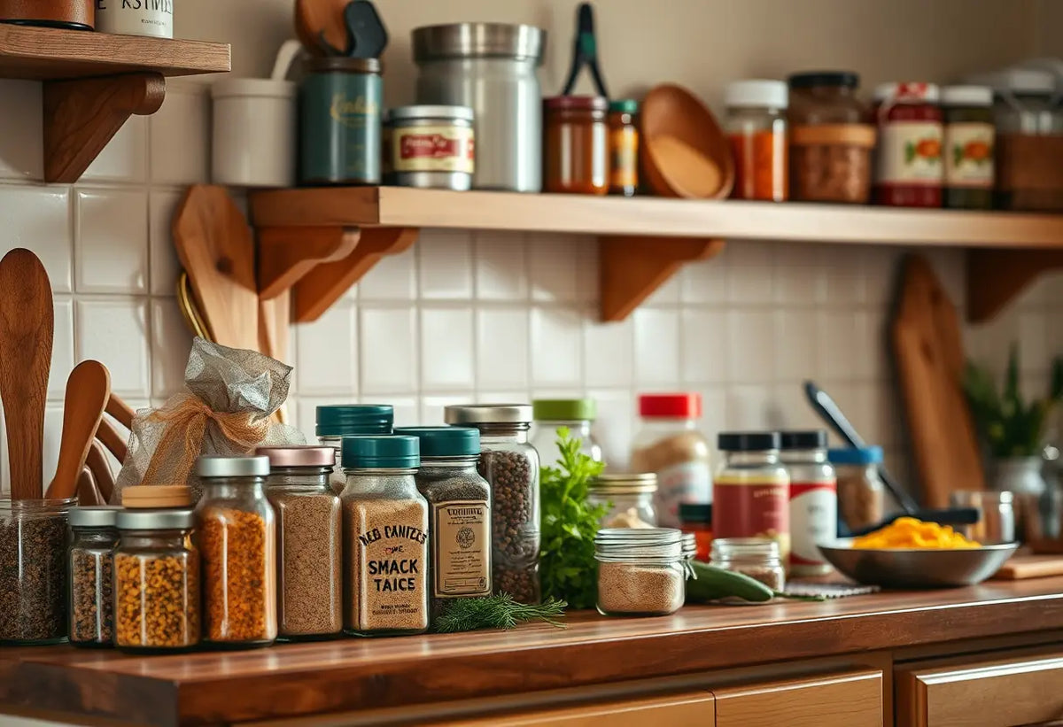 Un plan de travail de cuisine avec des épices, dans une maison accueillante, symbolisant la préparation quotidienne des repas