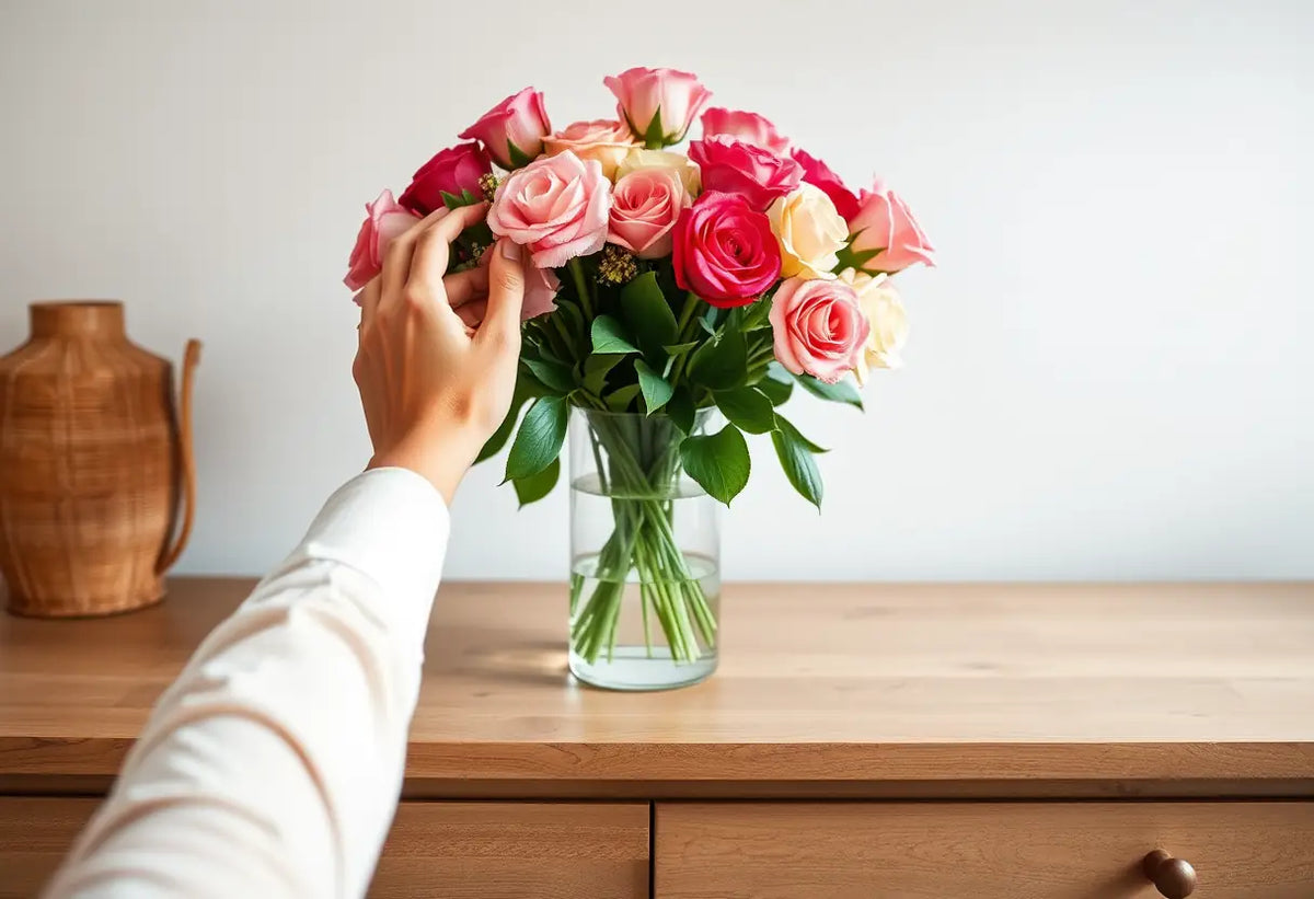 Deux mains disposent délicatement un vase de fleurs fraîches, représentant la tendresse et l’attention dans la relation.