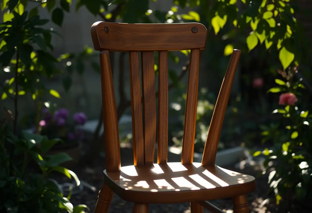 Un fauteuil en bois dans un jardin au matin, la lumière du soleil filtre entre les feuilles