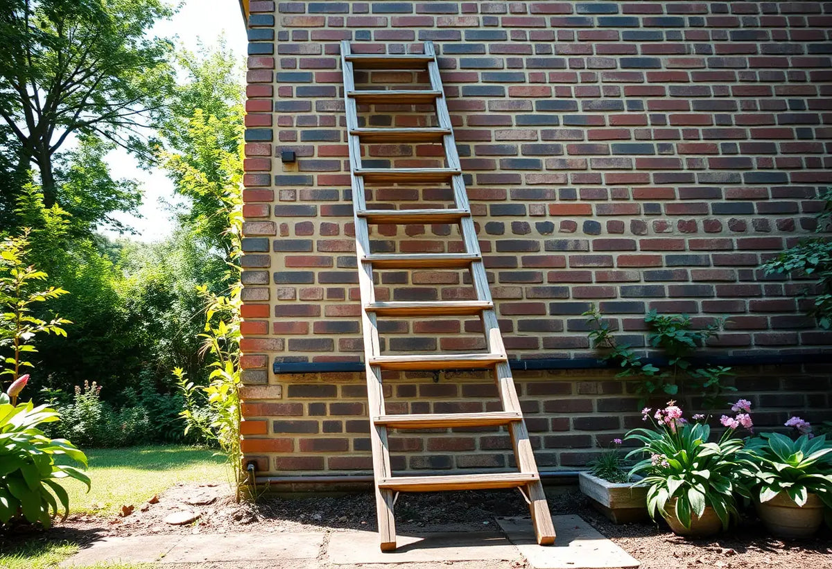 Une échelle en bois contre un mur de brique dans un jardin, symbole de croissance et de compréhension